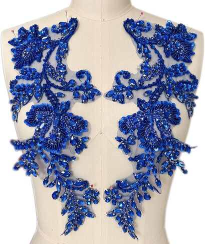 Handmade Beaded Rhinestone Appliques Sew on Crystal Lace Patch, 1 Pair for DIY Clothing, Wedding Dress,Multi-Color Costume Decoration (Deep Green) in Kuwait