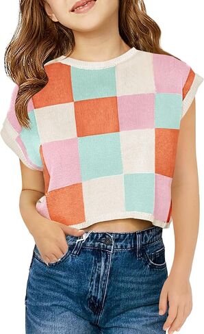 Haloumoning Girls Summer Crop Tops Color Block Vest Cute Tanks Cap Sleeve Tee Loose Kids Knit Top 5-14 Years in Kuwait