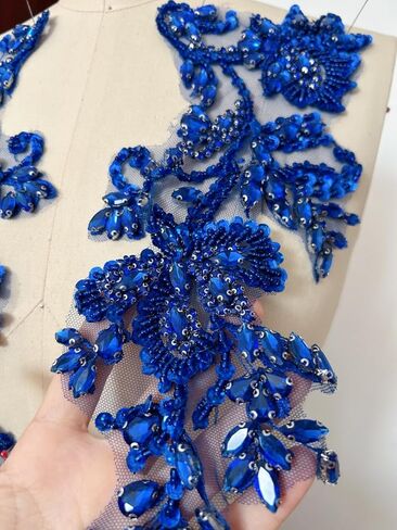 Handmade Beaded Rhinestone Appliques Sew on Crystal Lace Patch, 1 Pair for DIY Clothing, Wedding Dress,Multi-Color Costume Decoration (Deep Green) in Kuwait