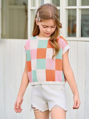 Haloumoning Girls Summer Crop Tops Color Block Vest Cute Tanks Cap Sleeve Tee Loose Kids Knit Top 5-14 Years in Kuwait