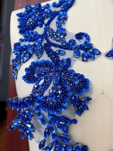 Handmade Beaded Rhinestone Appliques Sew on Crystal Lace Patch, 1 Pair for DIY Clothing, Wedding Dress,Multi-Color Costume Decoration (Deep Green) in Kuwait