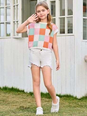 Haloumoning Girls Summer Crop Tops Color Block Vest Cute Tanks Cap Sleeve Tee Loose Kids Knit Top 5-14 Years in Kuwait