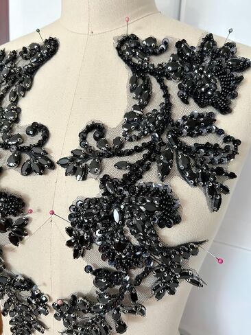 Handmade Beaded Rhinestone Appliques Sew on Crystal Lace Patch, 1 Pair for DIY Clothing, Wedding Dress,Multi-Color Costume Decoration (Deep Green) in Kuwait