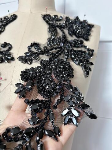 Handmade Beaded Rhinestone Appliques Sew on Crystal Lace Patch, 1 Pair for DIY Clothing, Wedding Dress,Multi-Color Costume Decoration (Deep Green) in Kuwait