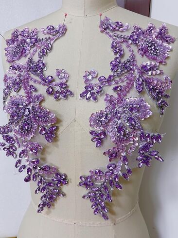Handmade Beaded Rhinestone Appliques Sew on Crystal Lace Patch, 1 Pair for DIY Clothing, Wedding Dress,Multi-Color Costume Decoration (Deep Green) in Kuwait