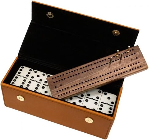 Alex Cramer Domino Set with Caramel Colored Leather Case - Professional Tournament Traveler - No Spinners Domino Set - 28 Indestructible Double Six Dominoes in Kuwait