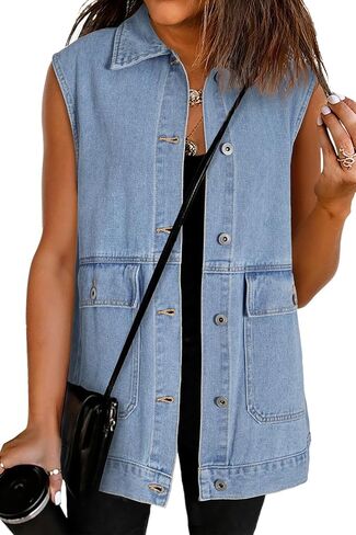 Dokotoo Womens Fashion 2025 Casual Denim Vest Oversized Mid Long Jean Vest Sleeveless Jean Jacket Shacket with Pockets in Saudi Arabia