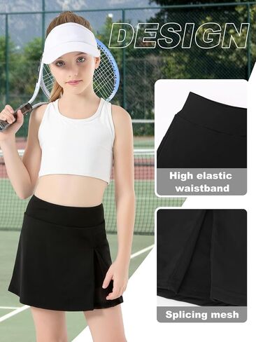 Girls Tennis Skirt with Shorts Pocket, High Waisted Athletic Skort Kids Splicing Mesh A-Line Skirts for Golf Running in Kuwait