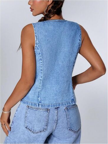 Milumia Women's Tie Bow Front Deep V Neck Denim Vest Sleeveless Jean Jacket in Saudi Arabia