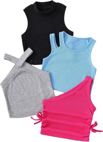 OYOANGLE Toddler Girl's 4 Pack Ribbed Knit Crop Tank Tops Set One Shoulder Summer Camisole in Saudi Arabia