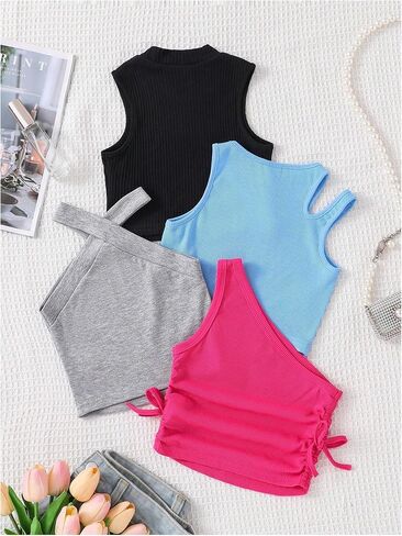 OYOANGLE Toddler Girl's 4 Pack Ribbed Knit Crop Tank Tops Set One Shoulder Summer Camisole in Saudi Arabia