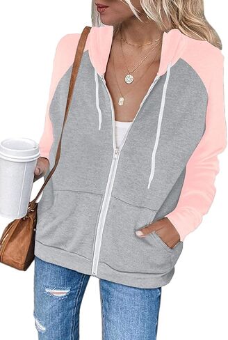 Ezbelle Women's Color Block Zip Up Hoodie Sweatshirt Casual Long Sleeve Jacket Sweater with Pockets in Saudi Arabia