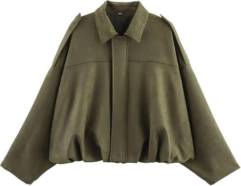 Xunger Women's Faux Suede Bomber Jacket Spring Lapel Pilot Coat Casual Oversized Long Sleeves Trendy Streetwear Outerwear in Kuwait