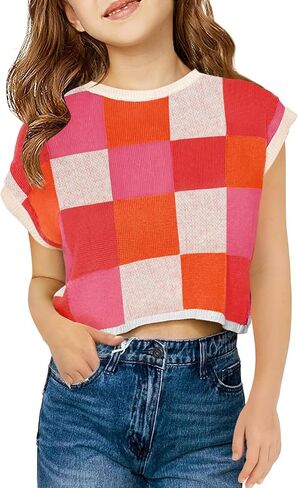 Haloumoning Girls Summer Crop Tops Color Block Vest Cute Tanks Cap Sleeve Tee Loose Kids Knit Top 5-14 Years in Kuwait
