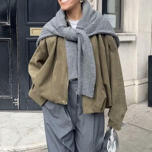 Xunger Women's Faux Suede Bomber Jacket Spring Lapel Pilot Coat Casual Oversized Long Sleeves Trendy Streetwear Outerwear in Kuwait