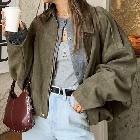 Xunger Women's Faux Suede Bomber Jacket Spring Lapel Pilot Coat Casual Oversized Long Sleeves Trendy Streetwear Outerwear in Kuwait
