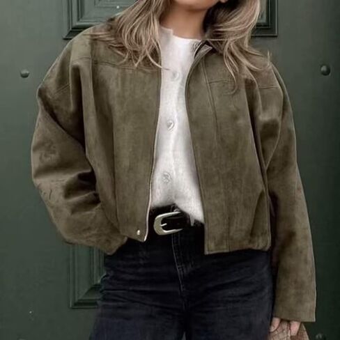 Xunger Women's Faux Suede Bomber Jacket Spring Lapel Pilot Coat Casual Oversized Long Sleeves Trendy Streetwear Outerwear in Kuwait