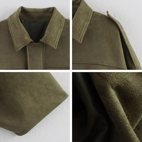 Xunger Women's Faux Suede Bomber Jacket Spring Lapel Pilot Coat Casual Oversized Long Sleeves Trendy Streetwear Outerwear in Kuwait