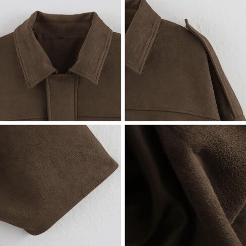 Xunger Women's Faux Suede Bomber Jacket Spring Lapel Pilot Coat Casual Oversized Long Sleeves Trendy Streetwear Outerwear in Kuwait