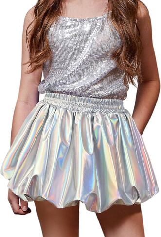 Perfashion Girls Bubble Skirt Metallic Puff Balloon Cute Mini Skorts Dance Outfits with Shorts 4-13Y in Saudi Arabia