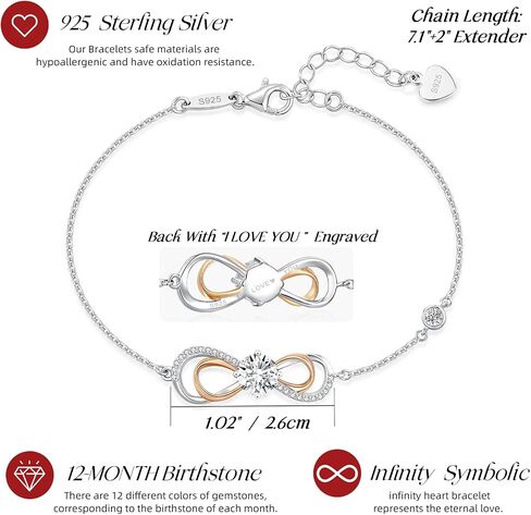 LOUISA SECRET Rose Gold Infinity Heart Bracelet for Women, Adjustable Chain 925 Sterling Silver Link Birthstone Bracelets, Best Anniversary Birthday Jewelry Gifts for Women Mom Wife Her in Saudi Arabia