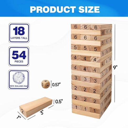 GSE Games & Sports Expert 54-Piece Multi-Color Mini Tumbling Timbers Set, Wooden Blocks Stacking Floor Game, Tower Building Blocks Balancing Game with Bag (Build to Over 1.8ft) in Kuwait