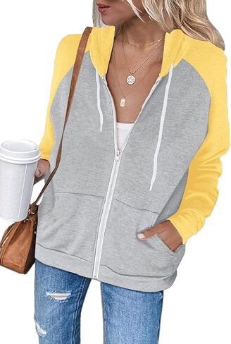Ezbelle Women's Color Block Zip Up Hoodie Sweatshirt Casual Long Sleeve Jacket Sweater with Pockets in Saudi Arabia