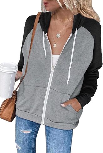 Ezbelle Women's Color Block Zip Up Hoodie Sweatshirt Casual Long Sleeve Jacket Sweater with Pockets in Saudi Arabia