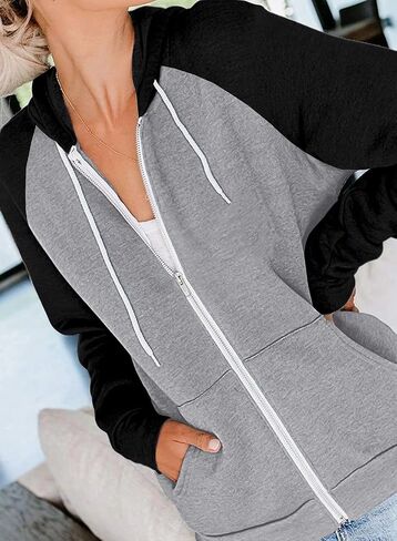 Ezbelle Women's Color Block Zip Up Hoodie Sweatshirt Casual Long Sleeve Jacket Sweater with Pockets in Saudi Arabia