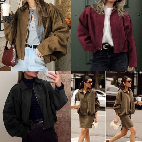 Xunger Women's Faux Suede Bomber Jacket Spring Lapel Pilot Coat Casual Oversized Long Sleeves Trendy Streetwear Outerwear in Kuwait