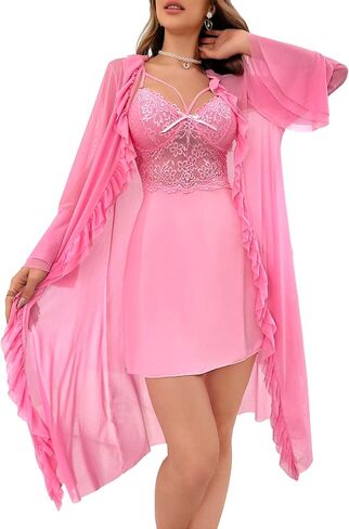 OYOANGLE Women's Lingerie Set 2 Piece Lace Babydoll Chemise and Kimono Robe Pajama Sets Sleepwear in Saudi Arabia
