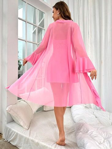 OYOANGLE Women's Lingerie Set 2 Piece Lace Babydoll Chemise and Kimono Robe Pajama Sets Sleepwear in Saudi Arabia
