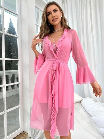 OYOANGLE Women's Lingerie Set 2 Piece Lace Babydoll Chemise and Kimono Robe Pajama Sets Sleepwear in Saudi Arabia