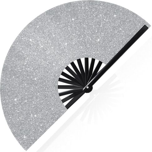Large Folding Hand Rave Fan for Men Women Bamboo Folding Clack Hand Fan for EDM Music Disco Rave Festival Party Supplies(Silver) in Saudi Arabia