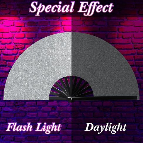 Large Folding Hand Rave Fan for Men Women Bamboo Folding Clack Hand Fan for EDM Music Disco Rave Festival Party Supplies(Silver) in Saudi Arabia