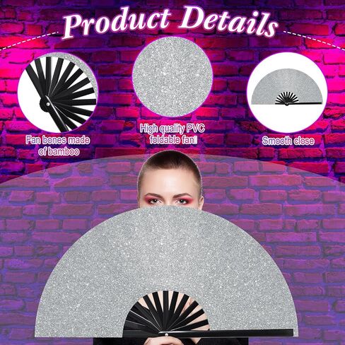 Large Folding Hand Rave Fan for Men Women Bamboo Folding Clack Hand Fan for EDM Music Disco Rave Festival Party Supplies(Silver) in Saudi Arabia