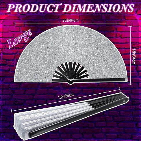 Large Folding Hand Rave Fan for Men Women Bamboo Folding Clack Hand Fan for EDM Music Disco Rave Festival Party Supplies(Silver) in Saudi Arabia