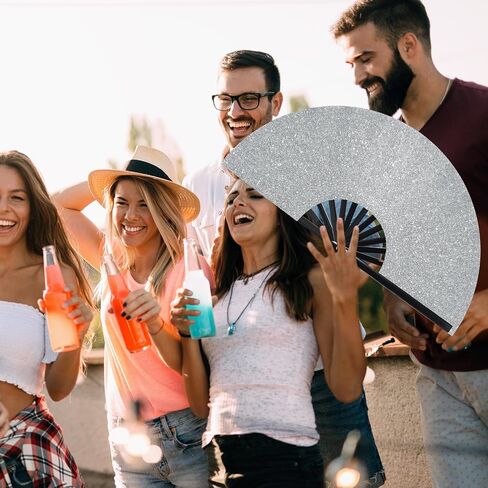 Large Folding Hand Rave Fan for Men Women Bamboo Folding Clack Hand Fan for EDM Music Disco Rave Festival Party Supplies(Silver) in Saudi Arabia