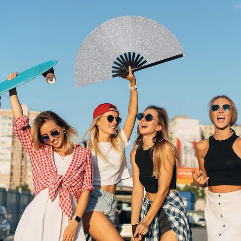 Large Folding Hand Rave Fan for Men Women Bamboo Folding Clack Hand Fan for EDM Music Disco Rave Festival Party Supplies(Silver) in Saudi Arabia