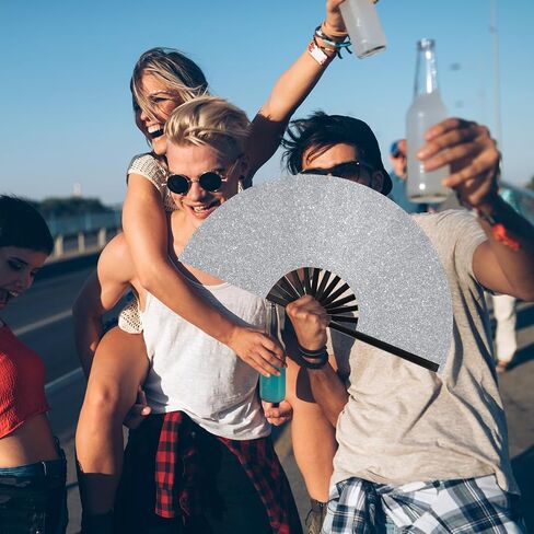 Large Folding Hand Rave Fan for Men Women Bamboo Folding Clack Hand Fan for EDM Music Disco Rave Festival Party Supplies(Silver) in Saudi Arabia