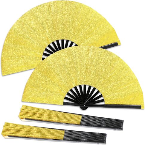 Qyeahkj 2 PCS لمعان كبير الذهب اليد مروحة الذهب الذهب القابل للطي مروحة الهذيان clack clack handheld fabrical قابلة للطي المعجبين الصينيين تاي كونغ فو المشجعين ل EDM Club Party Dance Performance للرجال نساء in Kuwait