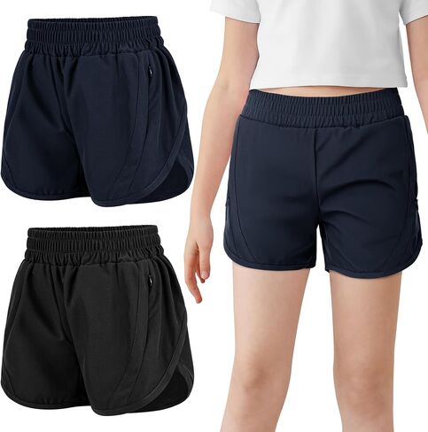 Resinta 2 Pack Girls Athletic Shorts Teen Girls High Waisted Shorts with Zipper Pockets for Gym Running in Saudi Arabia