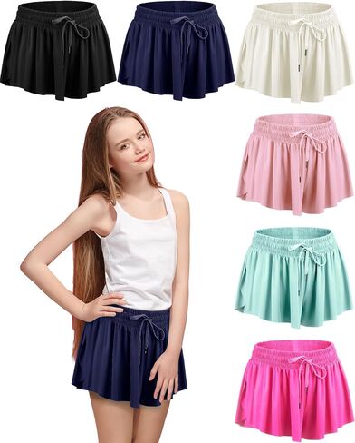 6 Pack Girls Flowy Shorts 2 في 1 شورتات فراشة الأطفال مع التنانير الرياضية للشباب الجيب للمراهقين الجري لليوغا in Kuwait