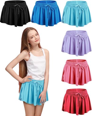 6 Pack Girls Flowy Shorts 2 في 1 شورتات فراشة الأطفال مع التنانير الرياضية للشباب الجيب للمراهقين الجري لليوغا in Kuwait