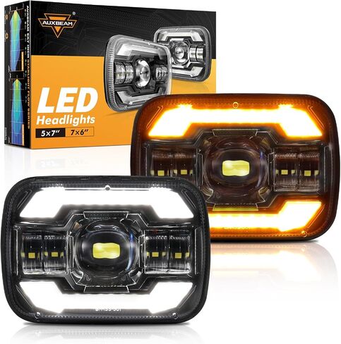 المصابيح الأمامية Auxbeam 5x7 7x6 LED مع DRL وإشارة الانعطاف عالية/منخفضة الشعاع H6054 Led مصباح أمامي مستطيل لسيارة جيب رانجلر YJ شيروكي XJ H6054 H5054 H6054LL 69822 6052 6053 in Kuwait