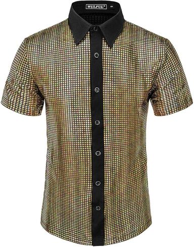 WULFUL Men's Disco Shirt Sequins Short Sleeve Button Down Shirts 70s Party Costume Dress Shirts in Saudi Arabia