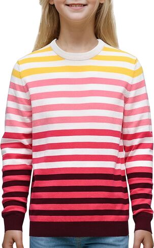 JSTEX Girls Sweaters Cotton Striped Knit Sweater Long Sleeve Crew Neck Kids Pullover Sweater for Girl Size 6-12 in Kuwait