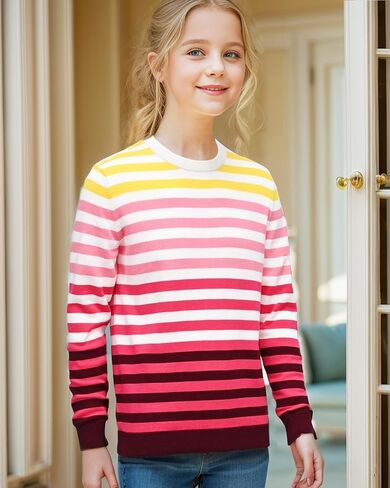 JSTEX Girls Sweaters Cotton Striped Knit Sweater Long Sleeve Crew Neck Kids Pullover Sweater for Girl Size 6-12 in Kuwait