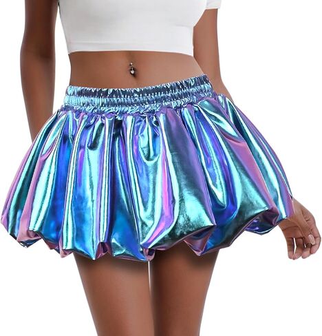 Perfashion Bubble Skirt for Women Metallic Puff Balloon Mini Skorts Rave Sexy Club Outfits with Shorts in Kuwait
