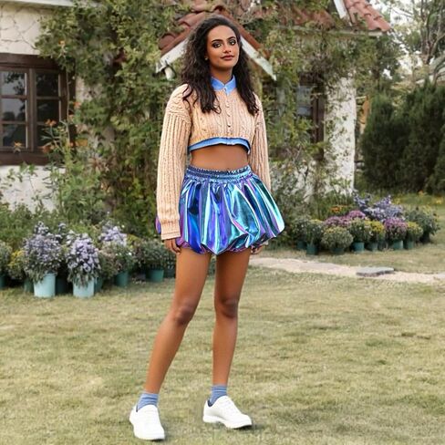 Perfashion Bubble Skirt for Women Metallic Puff Balloon Mini Skorts Rave Sexy Club Outfits with Shorts in Kuwait